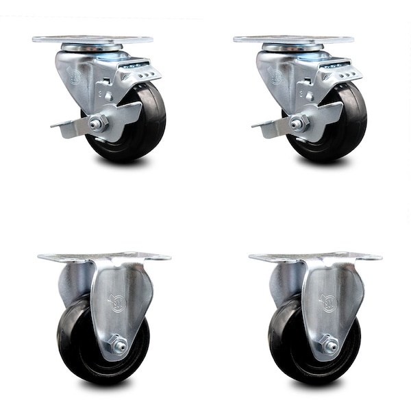 Service Caster 3.5 Inch Hard Rubber Wheel Swivel Top Plate Caster Set with 2 Brake 2 Rigid SCC SCC-20S3514-HRS-TLB-TP3-2-R-2 - main